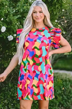 Ruffle Sleeve Shift Dress - Rose Red Abstract Print - Fashionfitz
