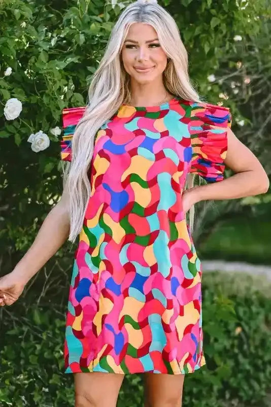 Ruffle Sleeve Shift Dress - Rose Red Abstract Print - Fashionfitz