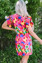 Ruffle Sleeve Shift Dress - Rose Red Abstract Print - Fashionfitz