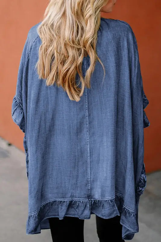 Ruffled elegance chambray kimono | women’s outerwear | fashionfitz