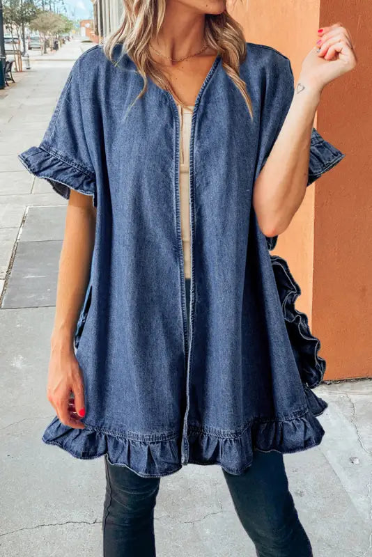 Ruffled elegance chambray kimono | women’s outerwear | fashionfitz