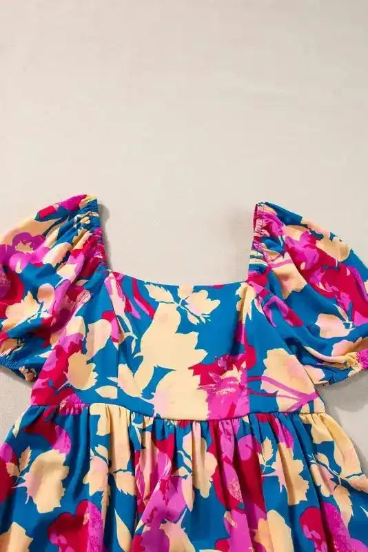 Ruffled Floral Dress - Square Neck Bubble Sleeve - Fashionfitz