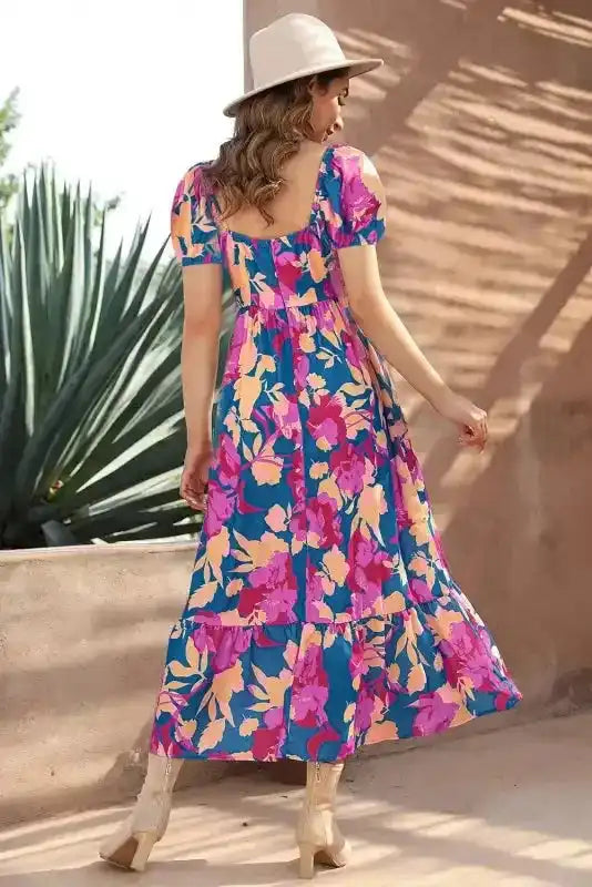 Ruffled Floral Dress - Square Neck Bubble Sleeve - Fashionfitz