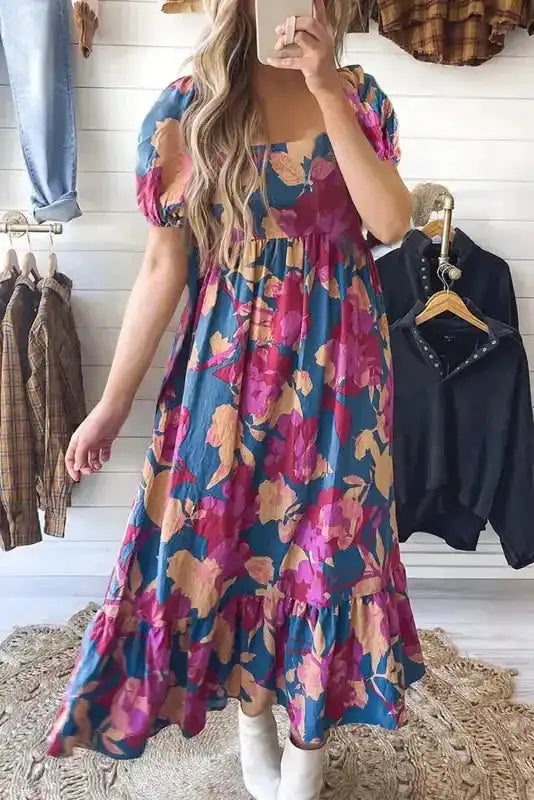 Ruffled Floral Dress - Square Neck Bubble Sleeve - Fashionfitz
