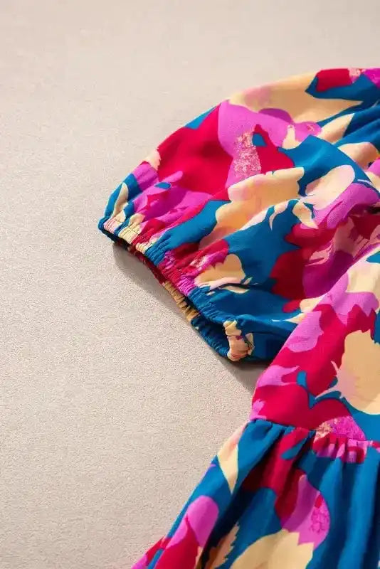 Ruffled Floral Dress - Square Neck Bubble Sleeve - Fashionfitz