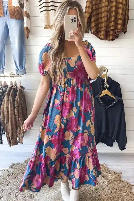 Ruffled Floral Dress - Square Neck Bubble Sleeve - Fashionfitz