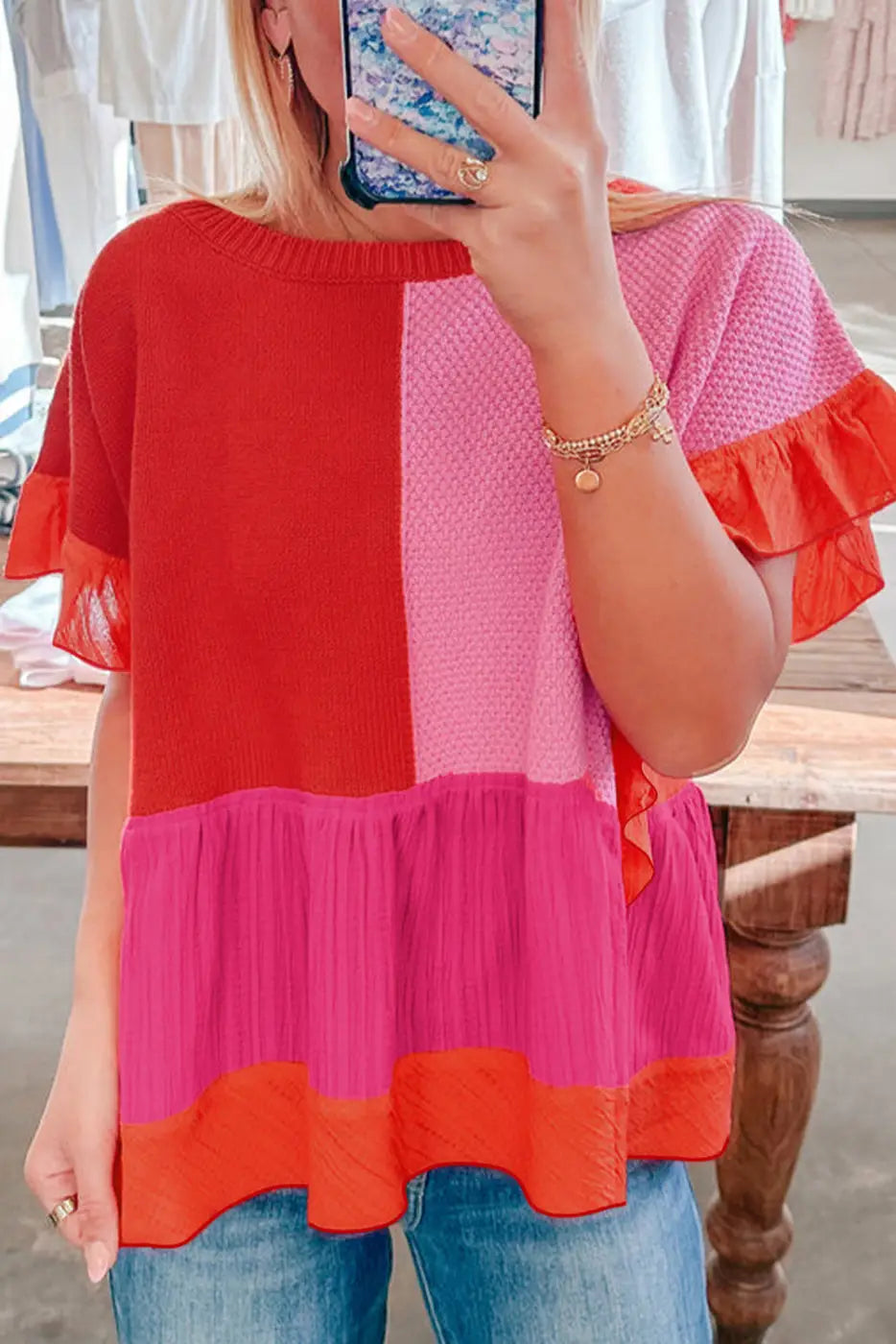Ruffled red patchwork jumper - tomato / s / 55% acrylic + 45% cotton - short sleeve sweaters
