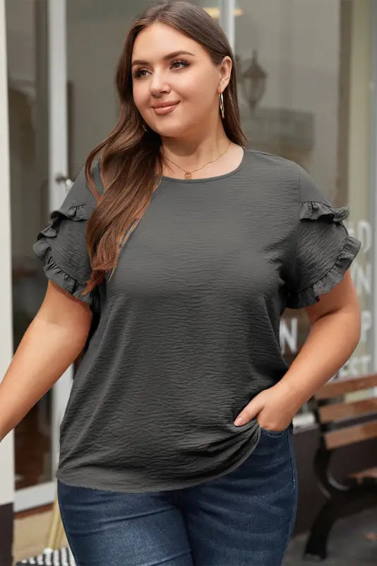 Black ruffled short sleeve plus size top