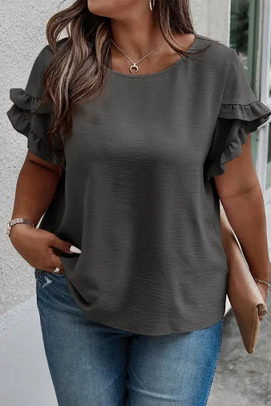 Black ruffled short sleeve plus size top