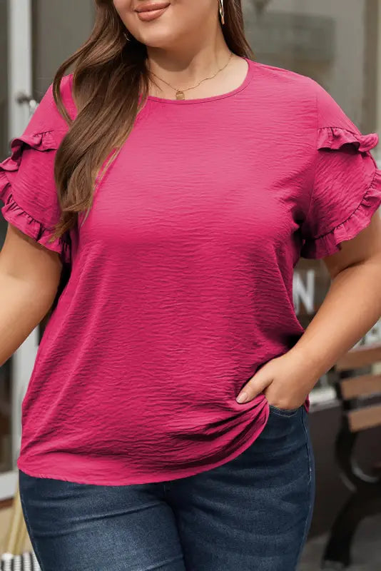 Black ruffled short sleeve plus size top