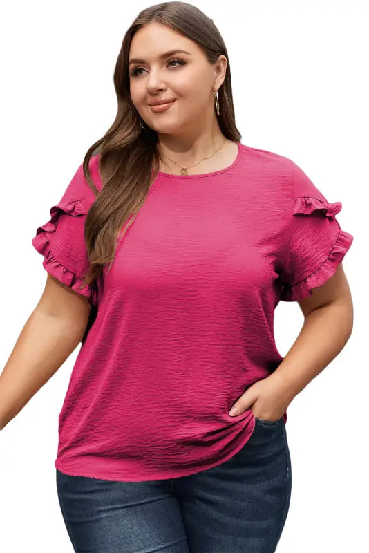 Black ruffled short sleeve plus size top