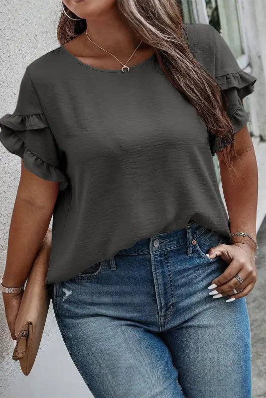 Black ruffled short sleeve plus size top