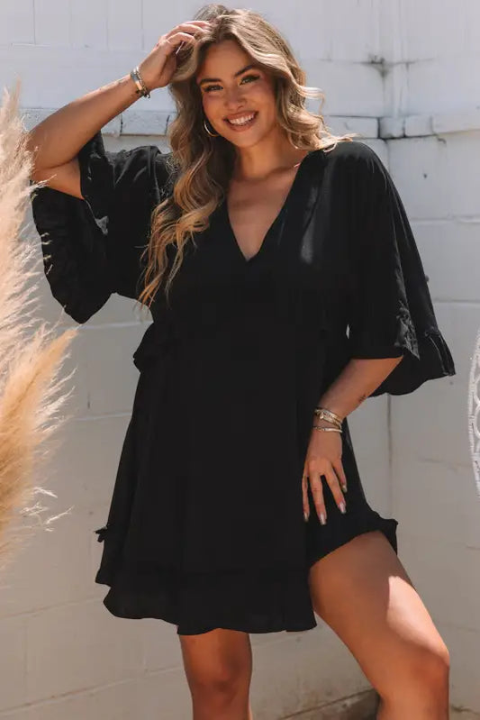 Ruffled sleeve babydoll mini dress - black / s / 100% viscose - dresses