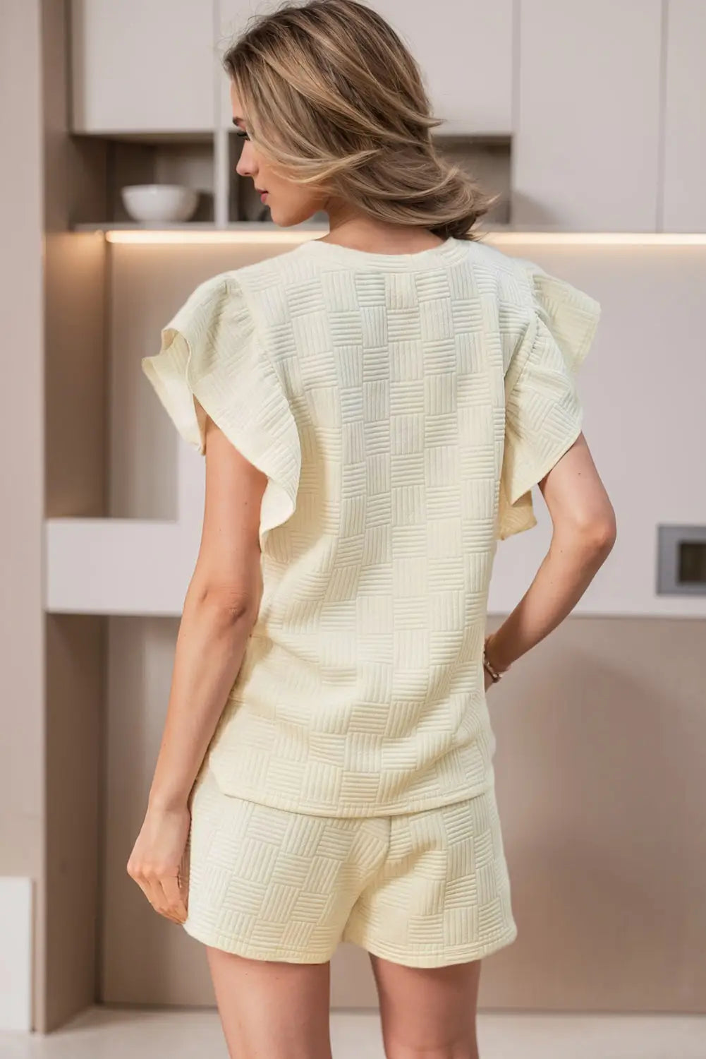 Ruffled sleeve tee and shorts set - apricot / s / 95% polyester + 5% elastane - two piece sets