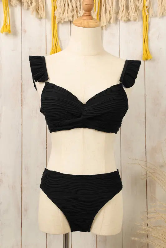 Ruffled straps twist bikini swimsuit - high waist swimsuits