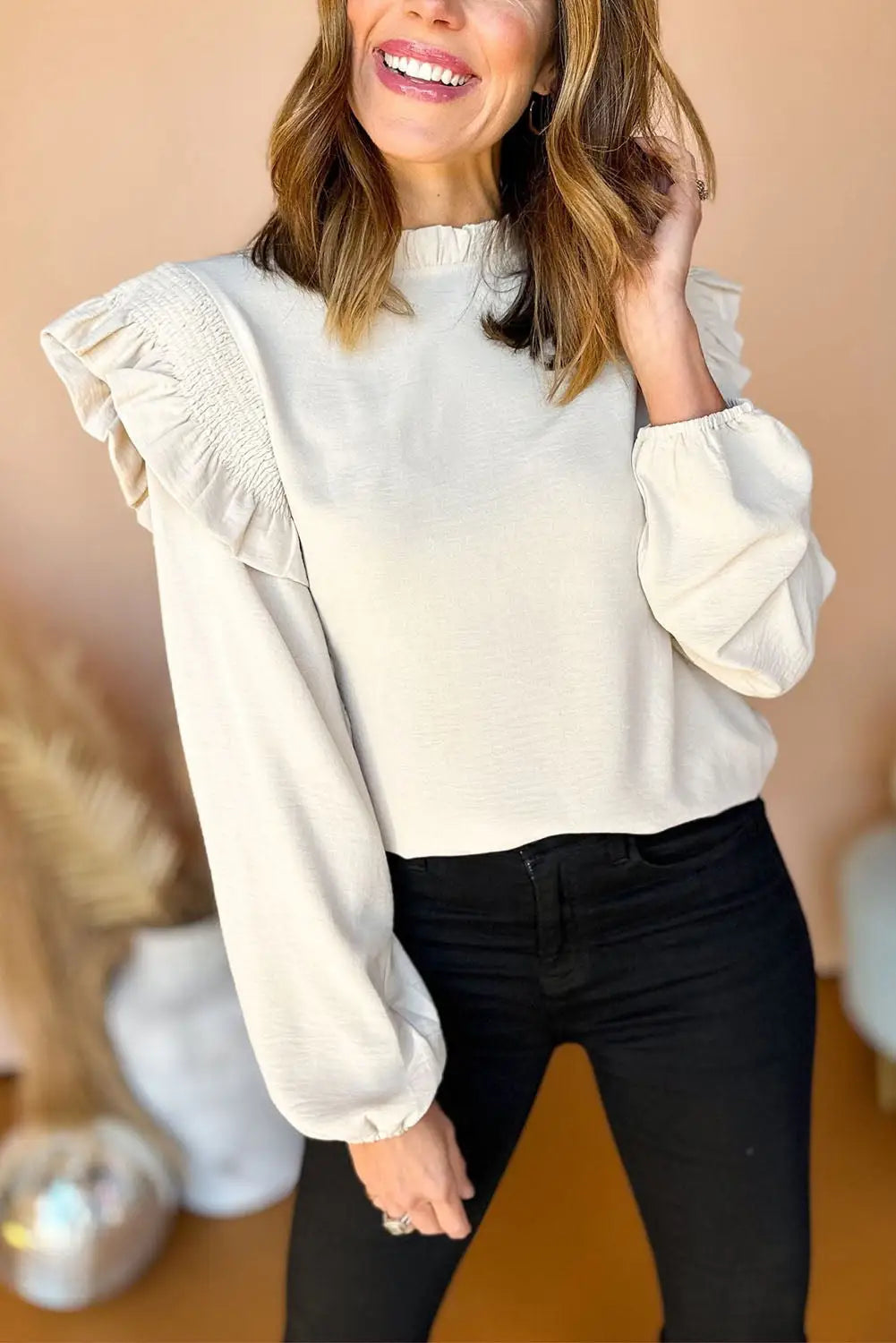 Ruffled trim bubble sleeve blouse - white / l 100% polyester blouses & shirts