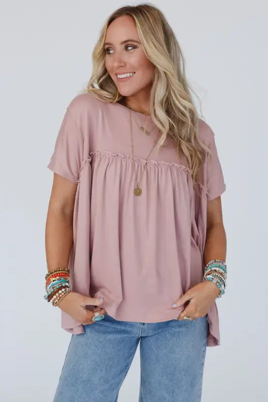 Ruffled trim loose babydoll tee - tees