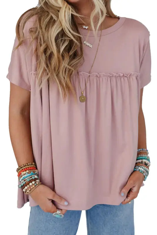 Ruffled trim loose babydoll tee - tees