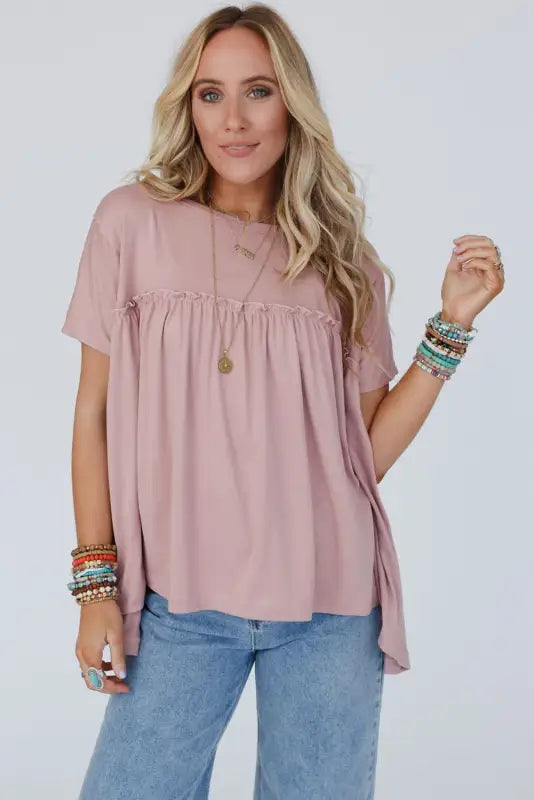 Ruffled trim loose babydoll tee - tees