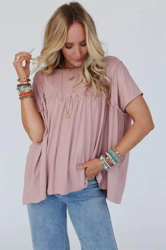 Ruffled trim loose babydoll tee - tees