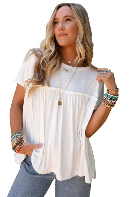 Ruffled trim loose babydoll tee - tees