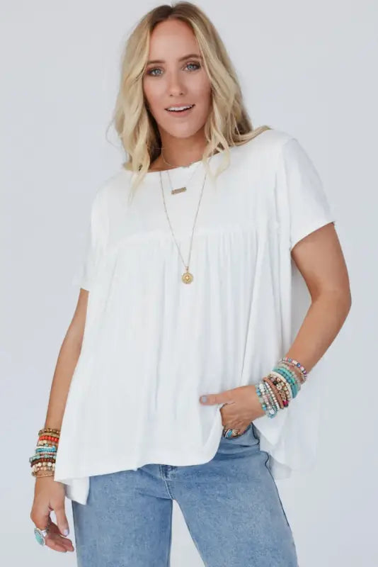 Ruffled trim loose babydoll tee - tees