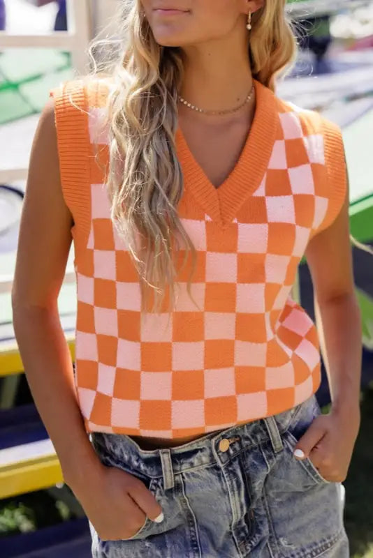 Russet orange checkered v neck knitted sweater vest - tops