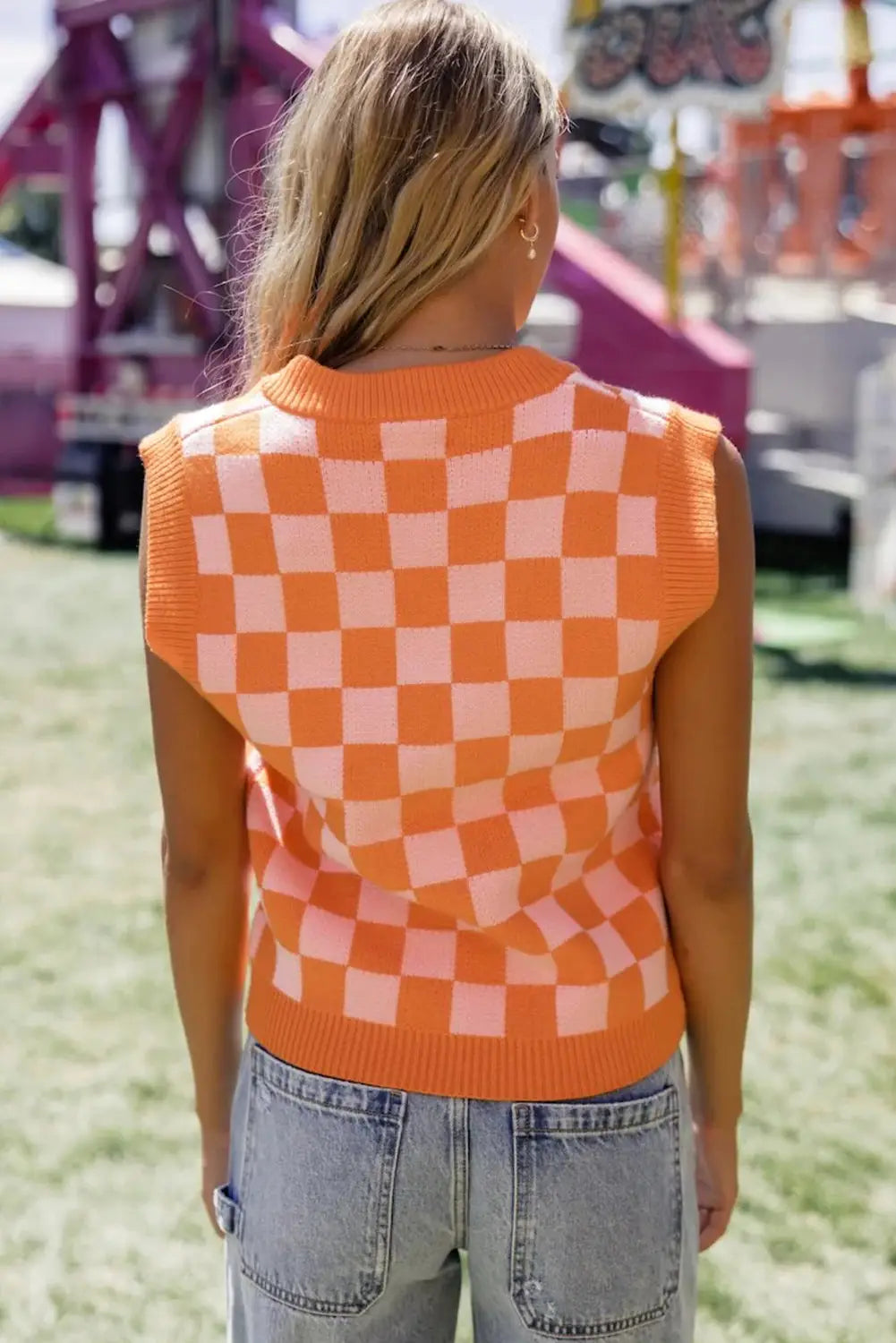 Russet orange checkered v neck knitted sweater vest - tops