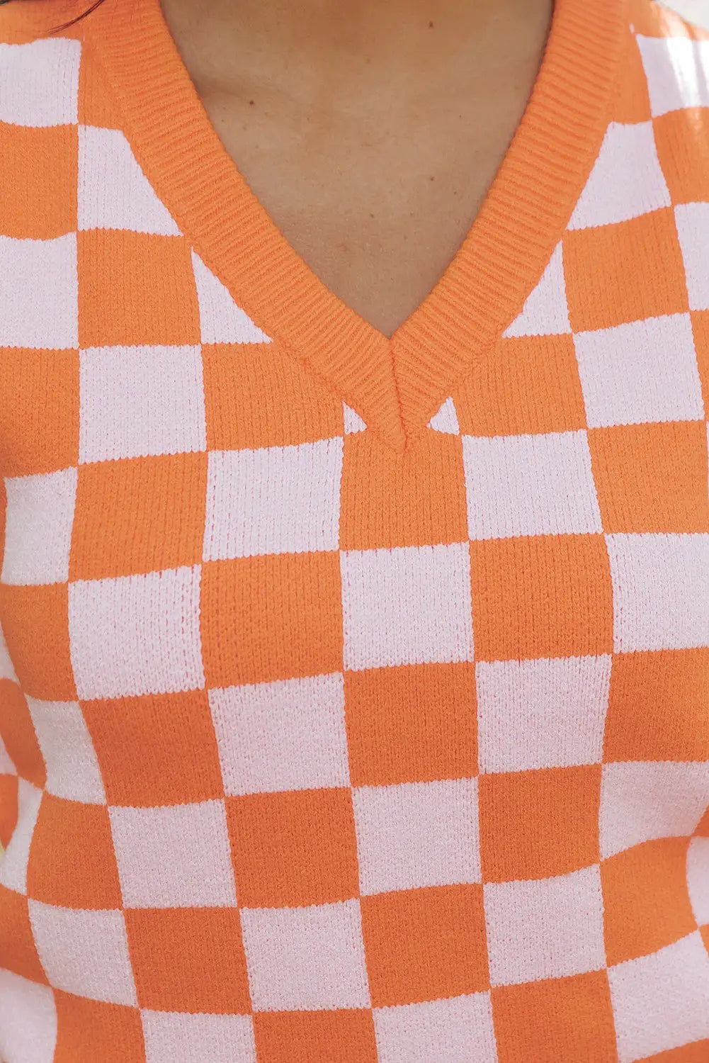 Russet orange checkered v neck knitted sweater vest - tops