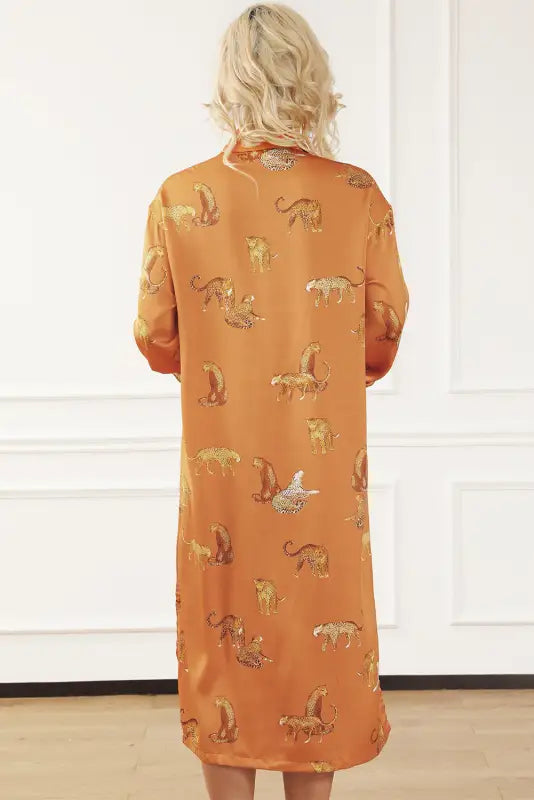 Russet orange cheetah animal print button up satin shirt - tops