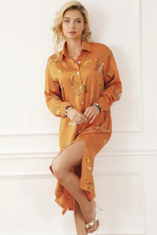 Russet orange cheetah animal print button up satin shirt - tops