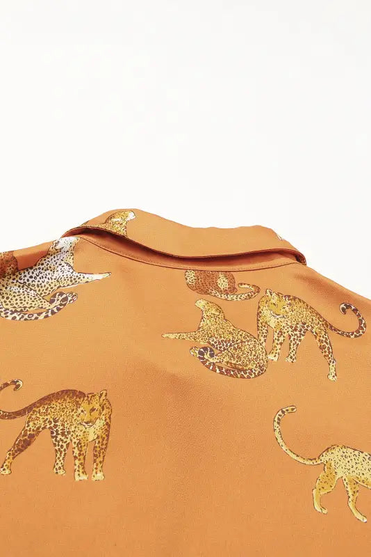 Russet orange cheetah animal print button up satin shirt - tops