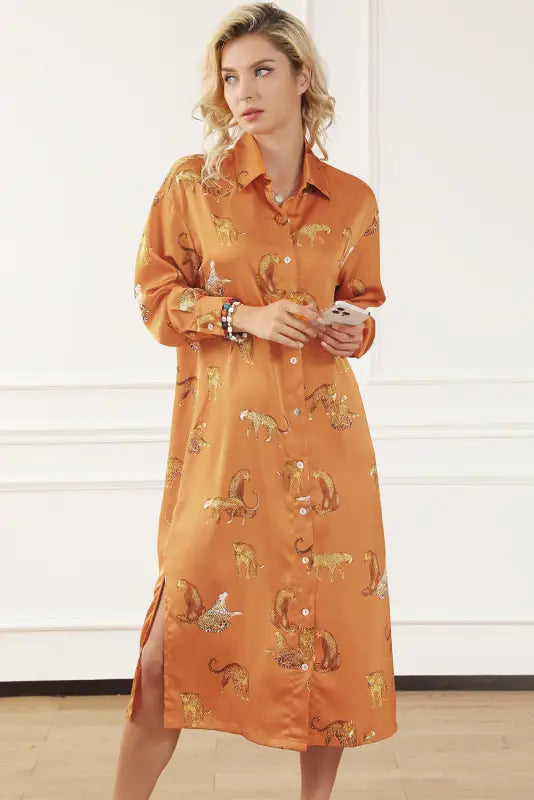 Russet orange cheetah animal print button up satin shirt - tops