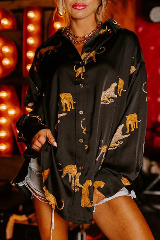 Russet orange cheetah animal print button up satin shirt - black / s / 100% polyester - tops