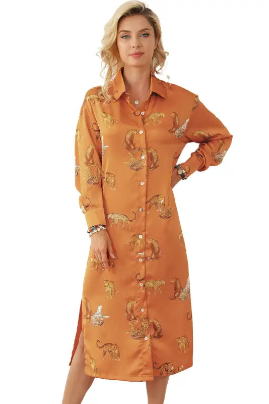 Russet orange cheetah animal print button up satin shirt - tops