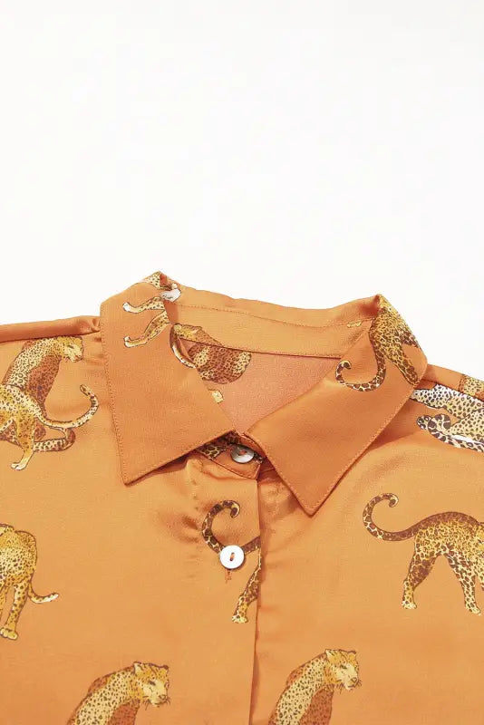 Russet orange cheetah animal print button up satin shirt - tops