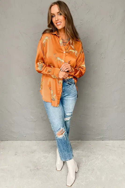 Russet orange cheetah animal print button up satin shirt - tops