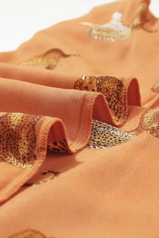 Russet orange cheetah animal print button up satin shirt - tops