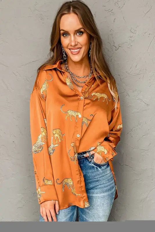 Russet orange cheetah animal print button up satin shirt - tops