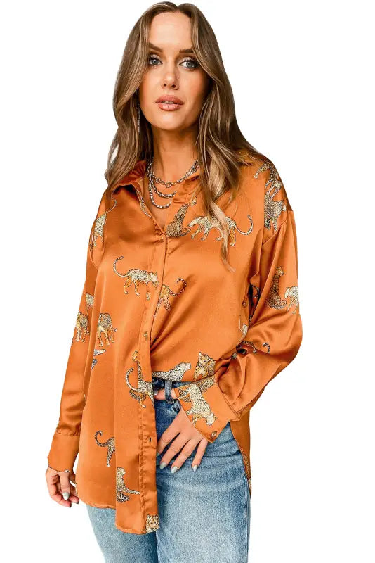 Russet orange cheetah animal print button up satin shirt - tops