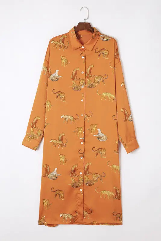 Russet orange cheetah animal print button up satin shirt - tops