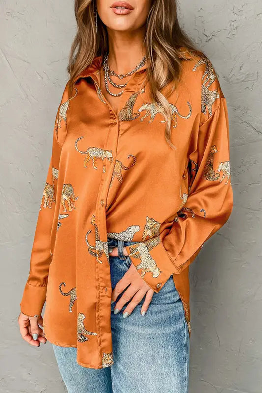 Russet orange cheetah animal print button up satin shirt - s / 100% polyester - tops