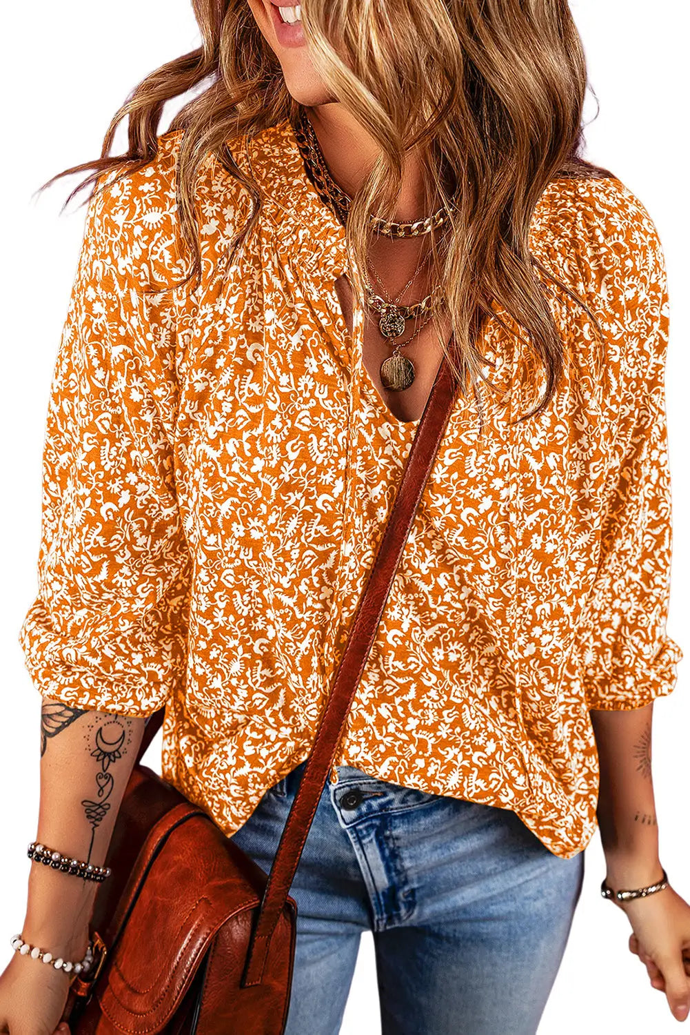 Russet orange floral print smocked tie neck blouse - blouses & shirts