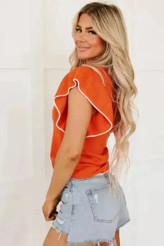 Russet Orange Short Sleeve Knitted Top - Fashionfitz
