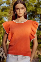 Russet Orange Short Sleeve Knitted Top - Fashionfitz