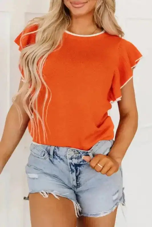 Russet Orange Short Sleeve Knitted Top - Fashionfitz