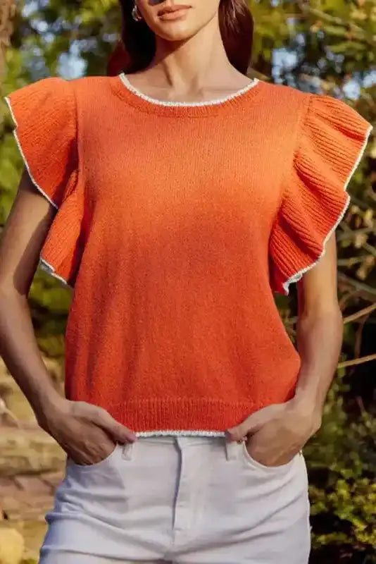 Russet Orange Short Sleeve Knitted Top - Fashionfitz
