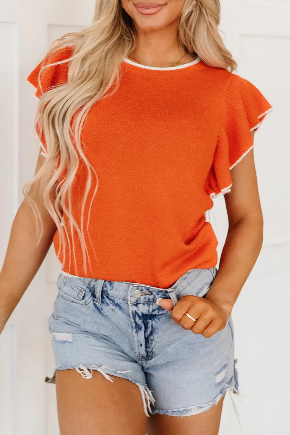 Russet orange short sleeve knitted top - s / 96% acrylic + 4% polyamide - tops