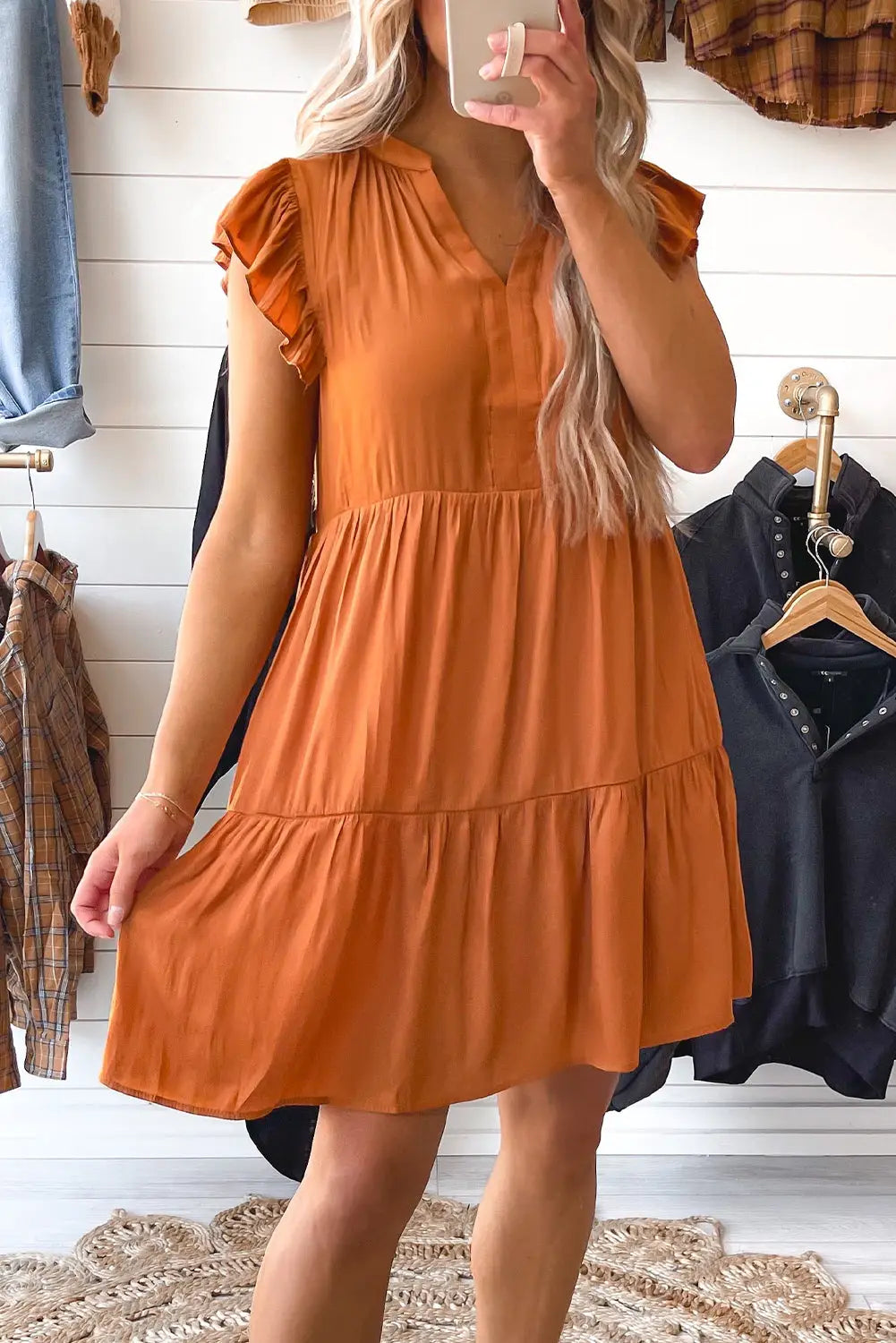 Russet orange tiered mini dress - s / 100% viscose - dresses