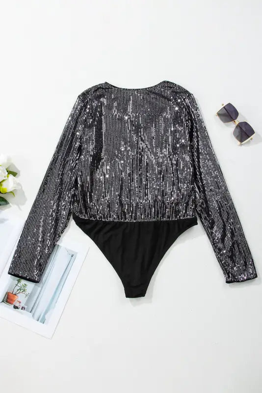 Chic sable sequin wrap bodysuit | elegant evening wear